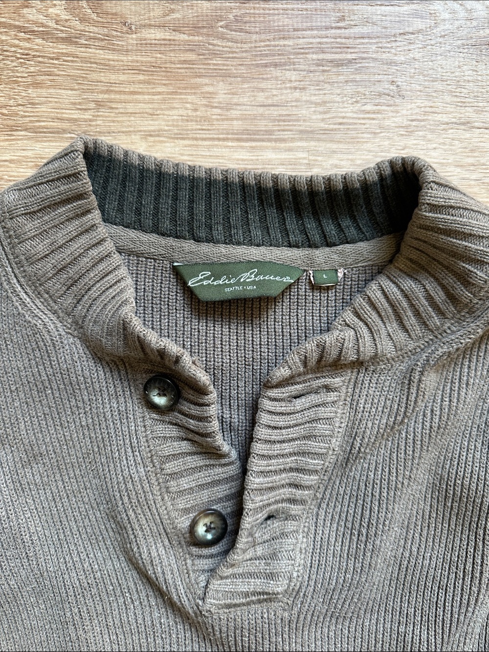 Eddie Bauer Men's Brown Ribbed Henley Sweater - Picture 2 of 3